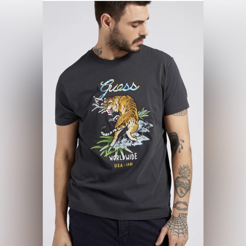Guess Black Tee with Tiger and Text Design